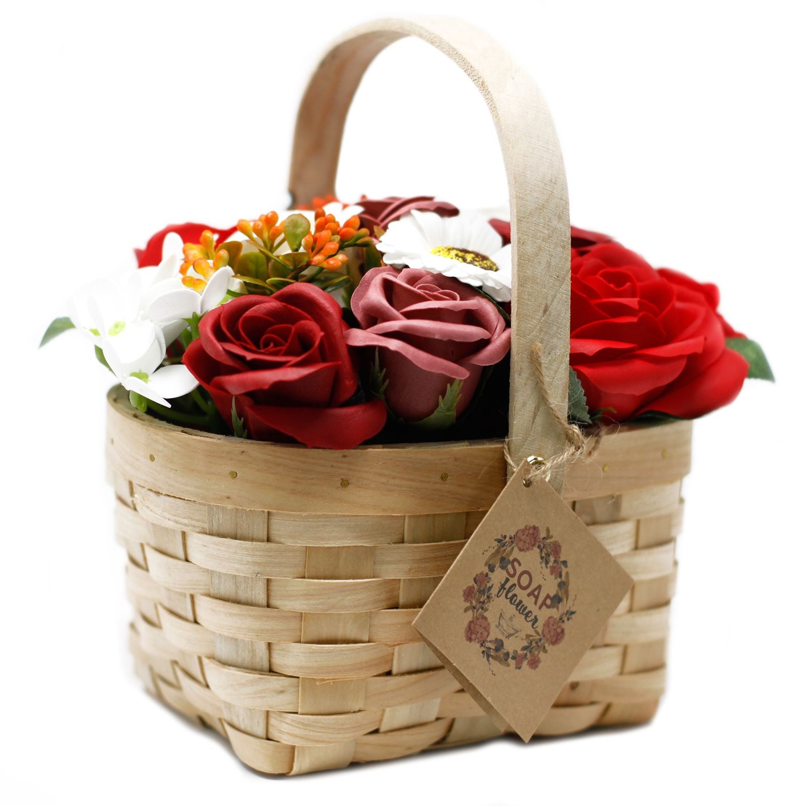 Large red soap flower bouquet with roses, hyacinths and a sunflower presented in a charming rustic wicker basket.