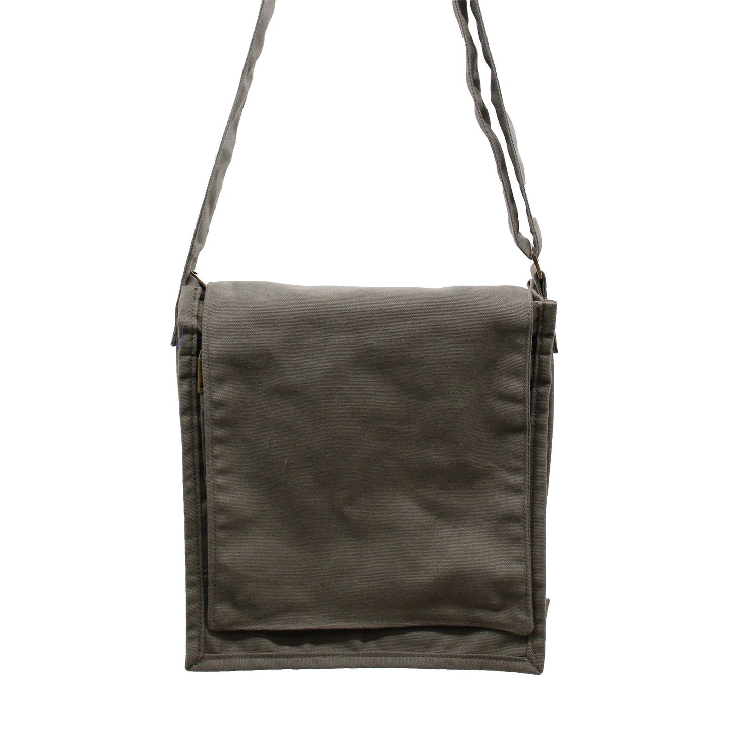 Minimalist dark grey graphite cotton canvas messenger bag with an adjustable shoulder strap and a flap closure.