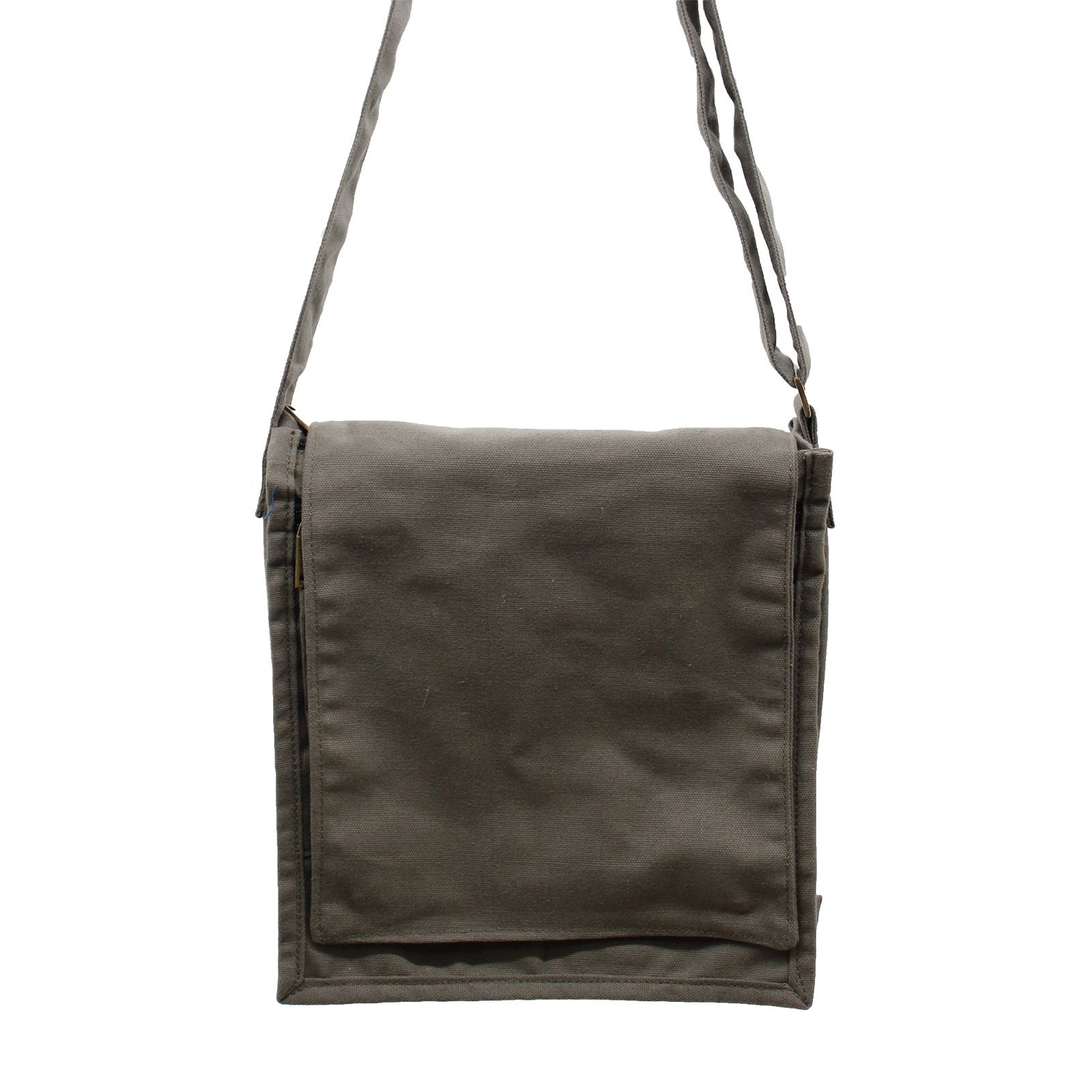Minimalist dark grey graphite cotton canvas messenger bag with an adjustable shoulder strap and a flap closure.