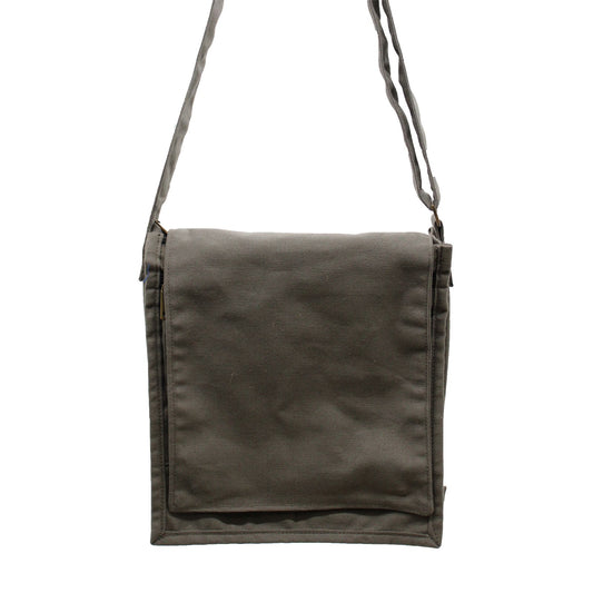 Minimalist dark grey graphite cotton canvas messenger bag with an adjustable shoulder strap and a flap closure.