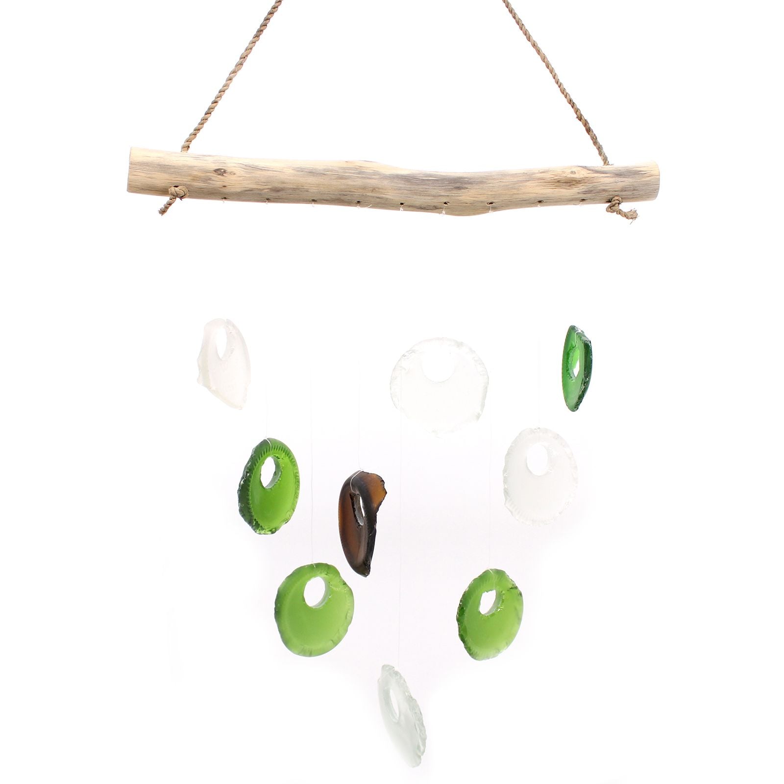 Assorted colourful recycled glass wind chime made from bottle bottoms hanging from a wooden frame.