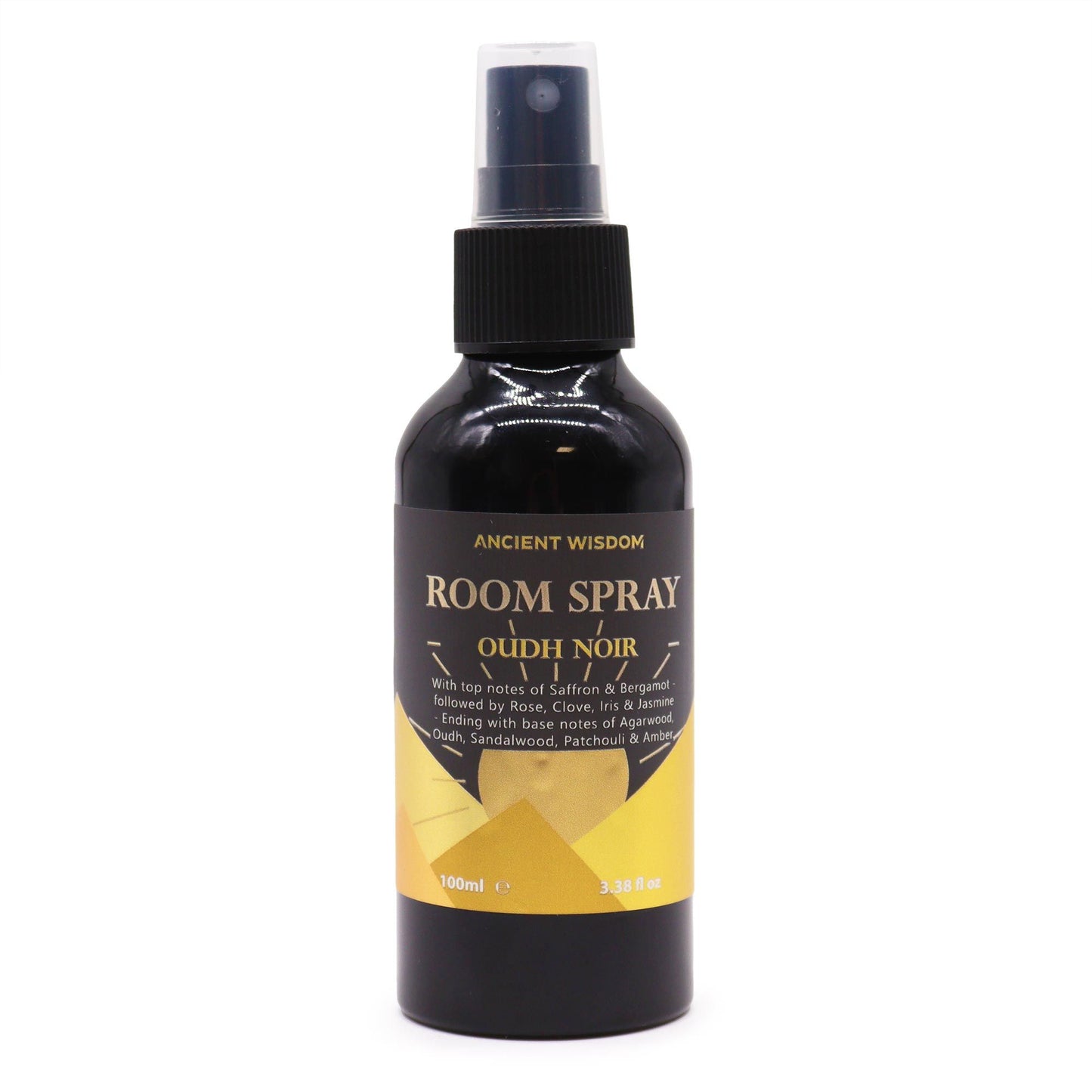 Elegant 100ml glass room spray bottle containing dark, sophisticated Oudh Noir fragrance.