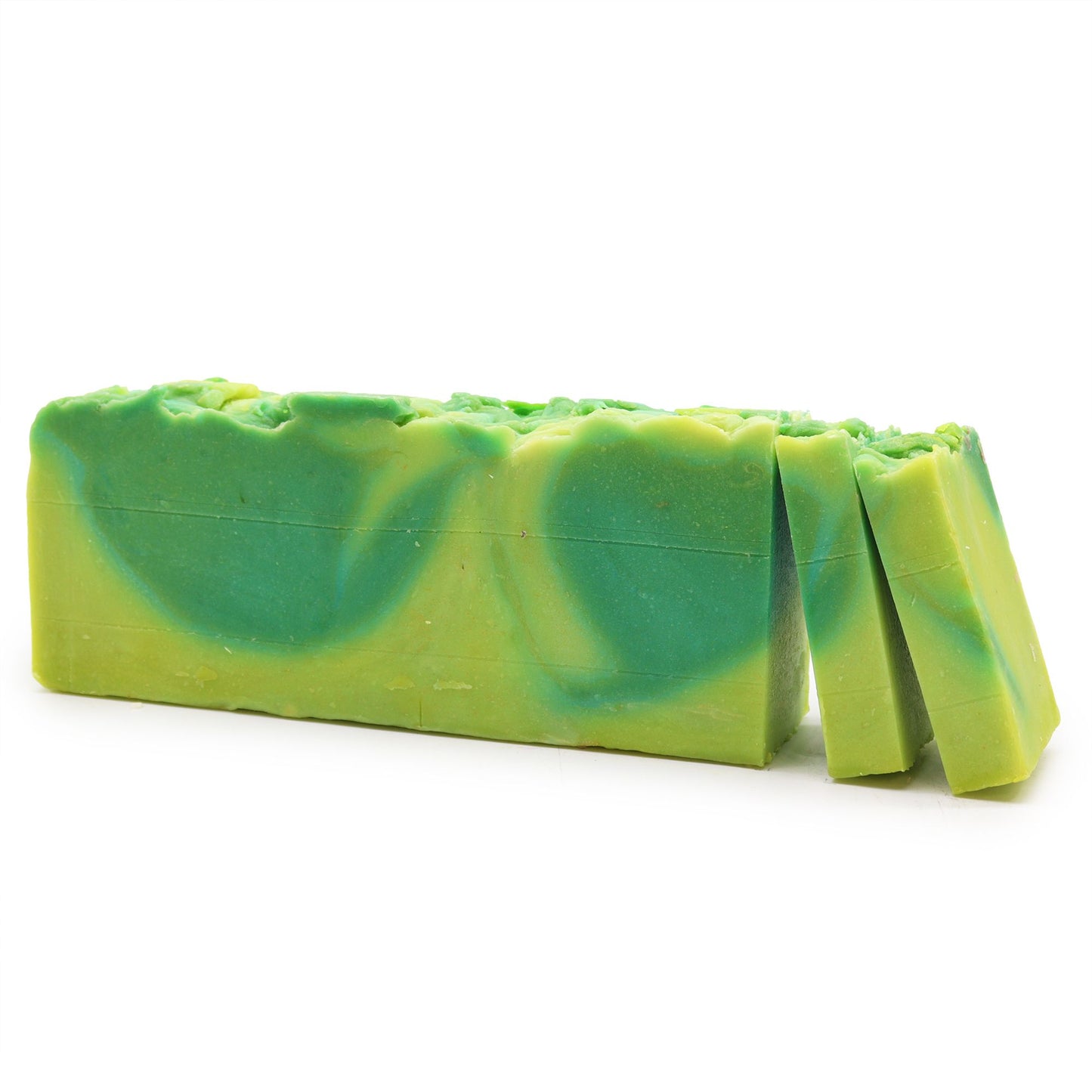 Large artisanal soap loaf featuring a natural green aloe vera layer and creamy olive oil base.