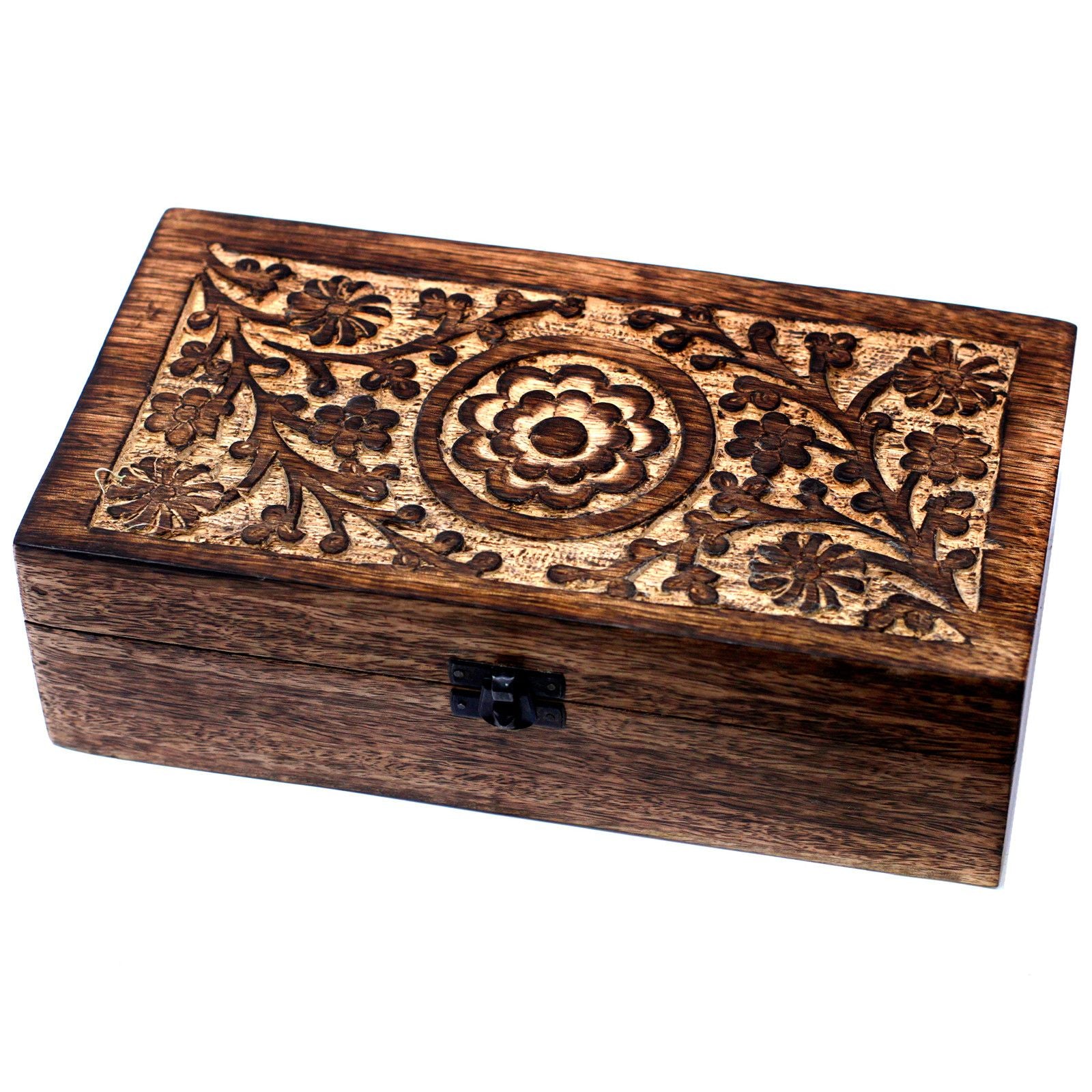 Hand-carved floral mango wood storage box designed to hold thirty-two small aromatherapy essential oil bottles.