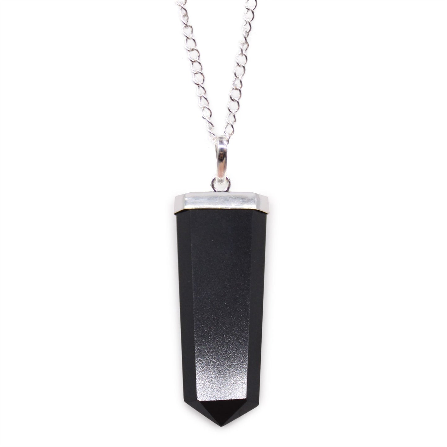Sleek black agate gemstone pendant carved into a flat pencil shape with a silver-toned metal bail.