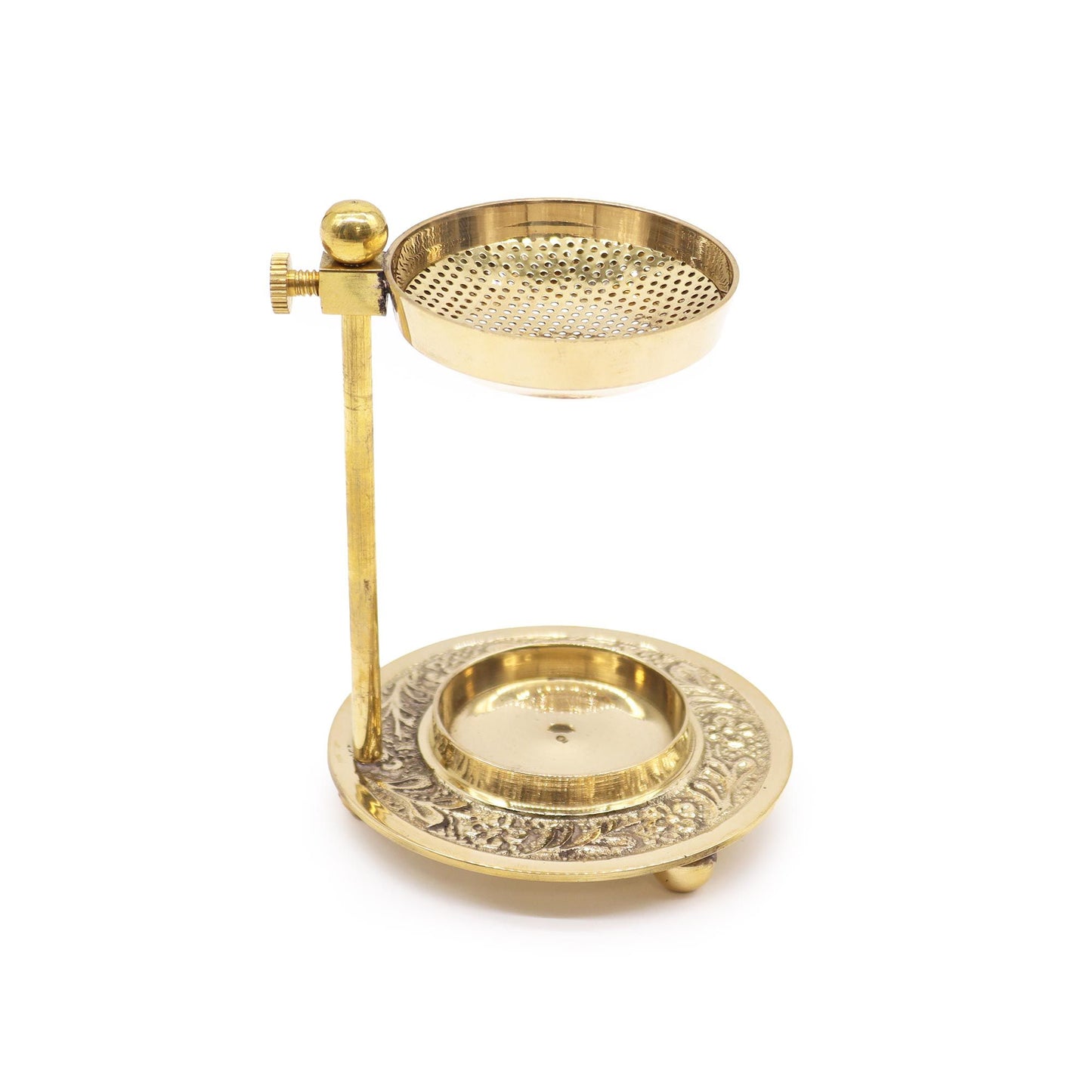 Ornate polished brass resin incense warmer with a height-adjustable mesh screen and decorative base.