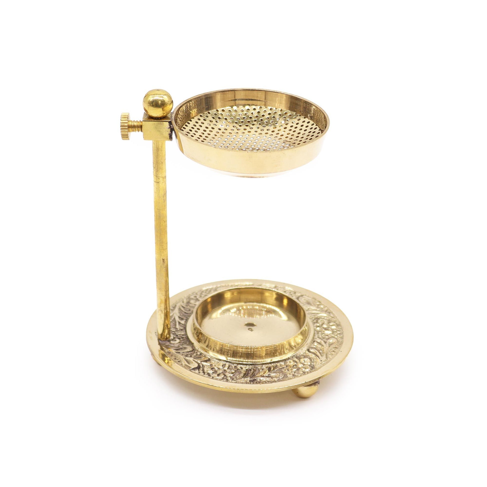 Ornate polished brass resin incense warmer with a height-adjustable mesh screen and decorative base.