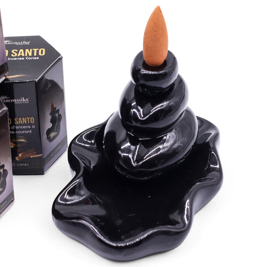 Hexagonal box containing ten brown masala backflow incense cones with a woody Palo Santo scent.