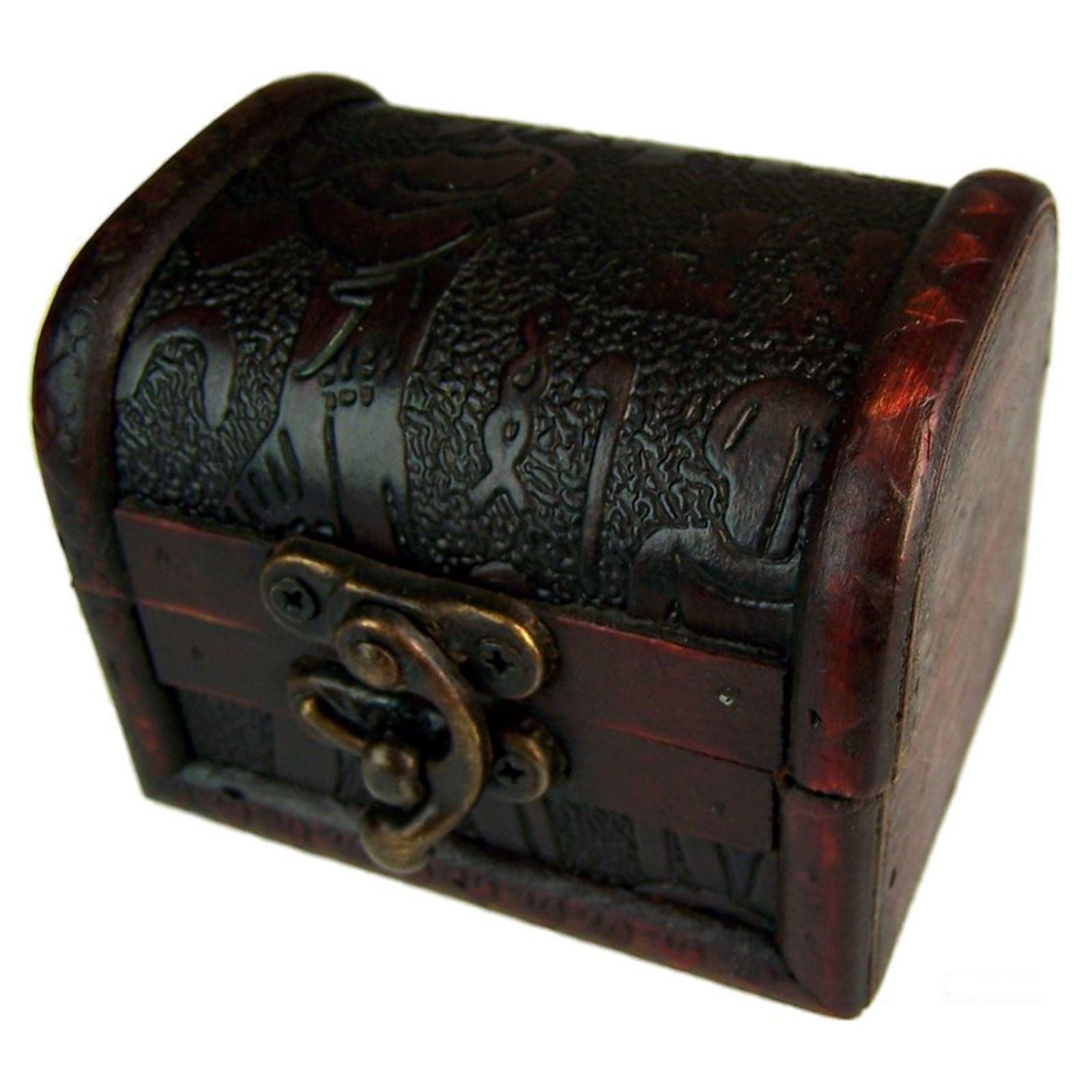Vintage style medium wooden box with embossed Egyptian motifs and decorative brass fittings.