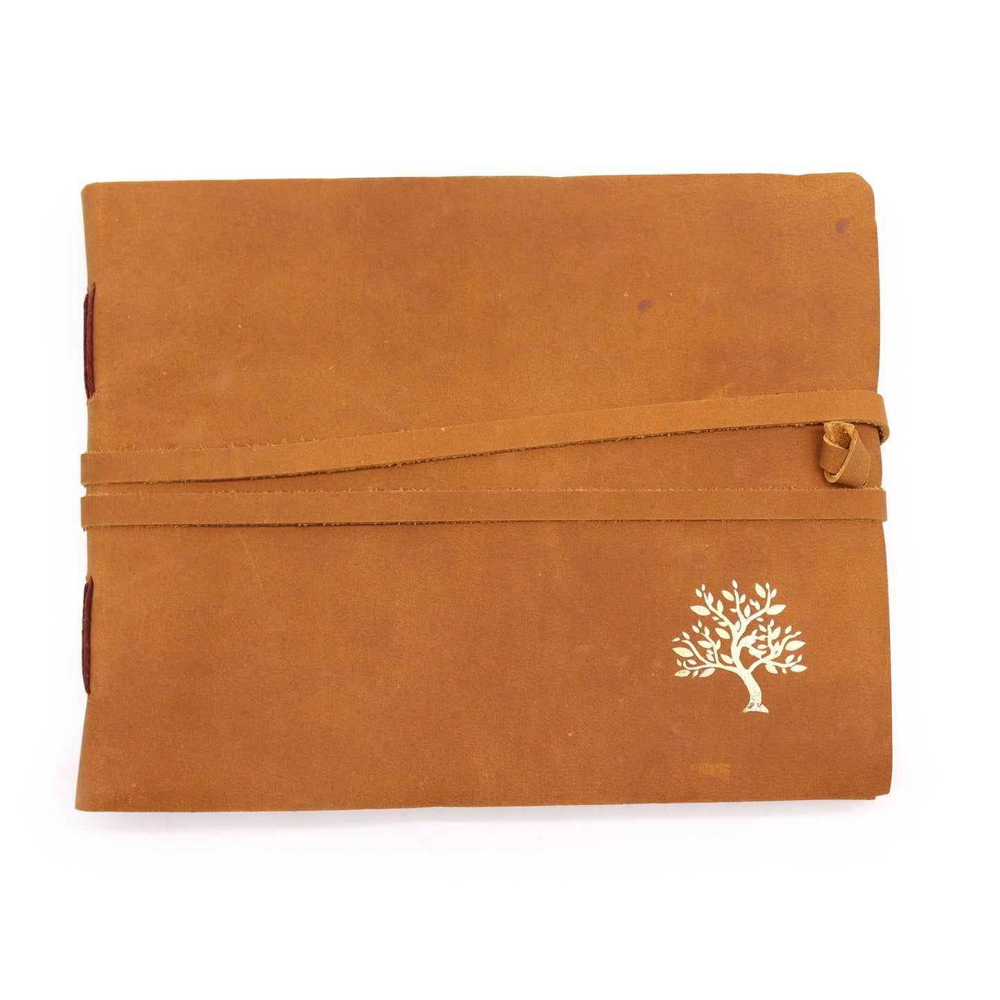 Handcrafted brown leather sketchbook featuring an embossed golden tree design with a wrap-around cord closure.