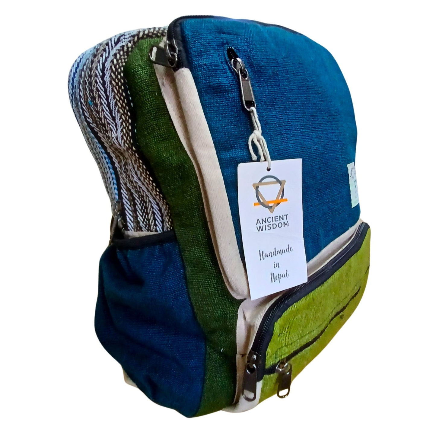 Large boxy backpack made from sustainable hemp fabric featuring a stylish teal and sage green colour block design.