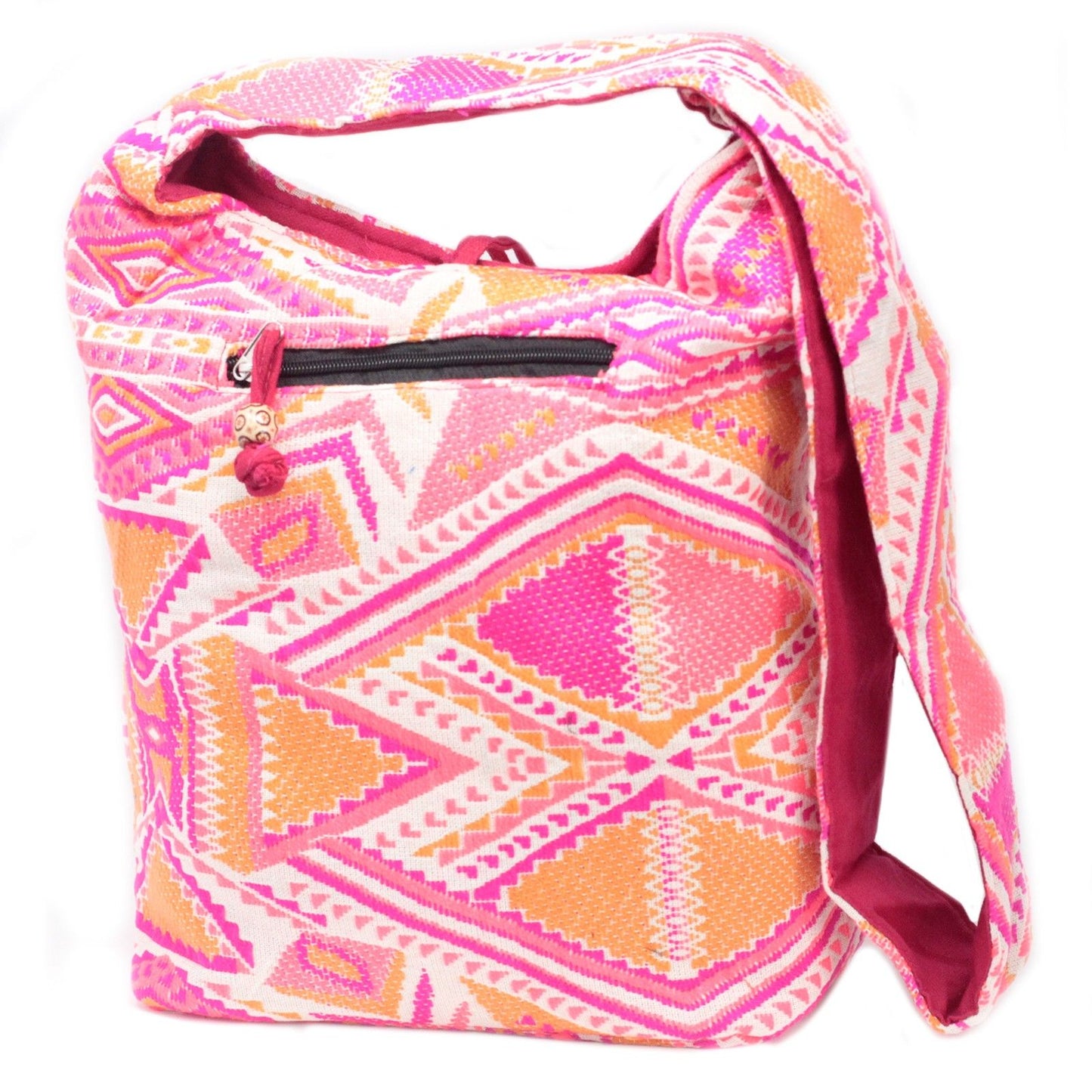 Large boho-style shoulder bag with vibrant sunset-coloured woven patterns and a spacious design.
