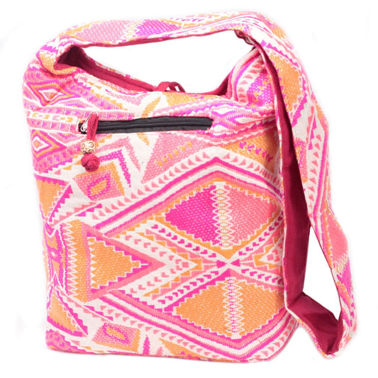 Large boho-style shoulder bag with vibrant sunset-coloured woven patterns and a spacious design.