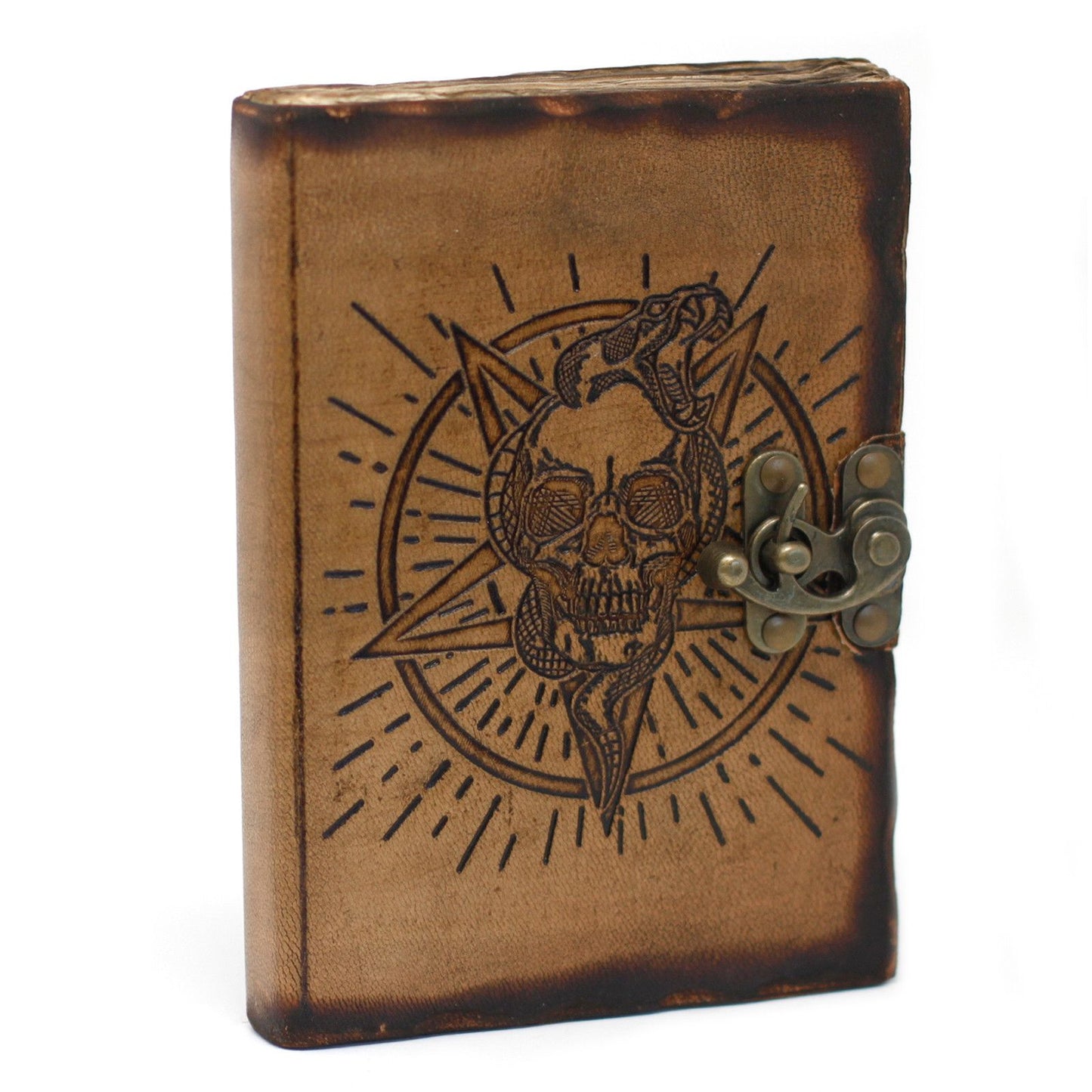 Handcrafted vintage leather notebook featuring an embossed pentagon and skull design with metal clasps and burnt edges.