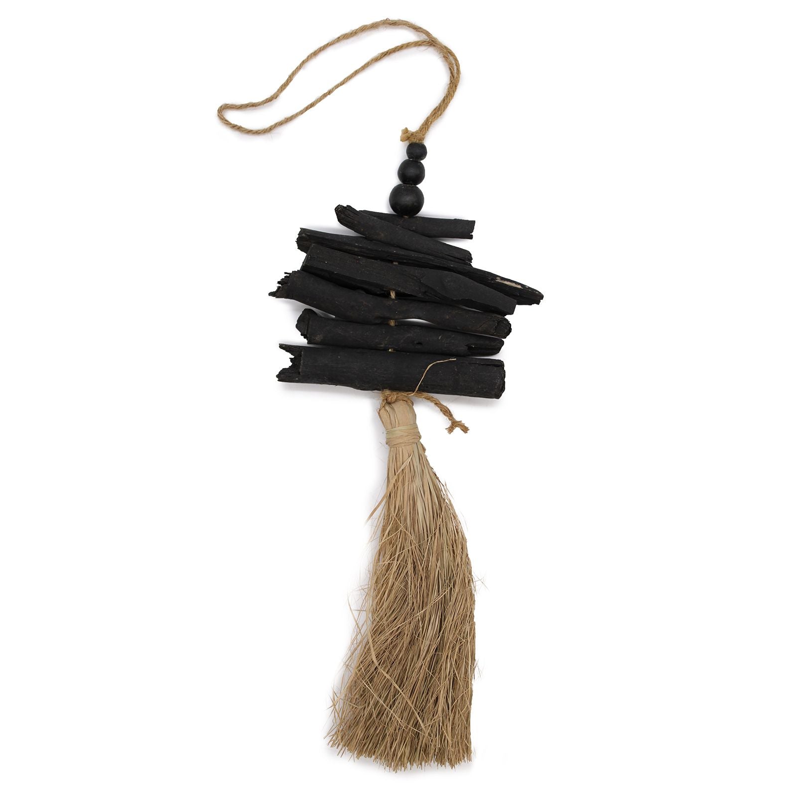A decorative hanging wall art piece made of natural driftwood pieces and a soft fabric tassel.