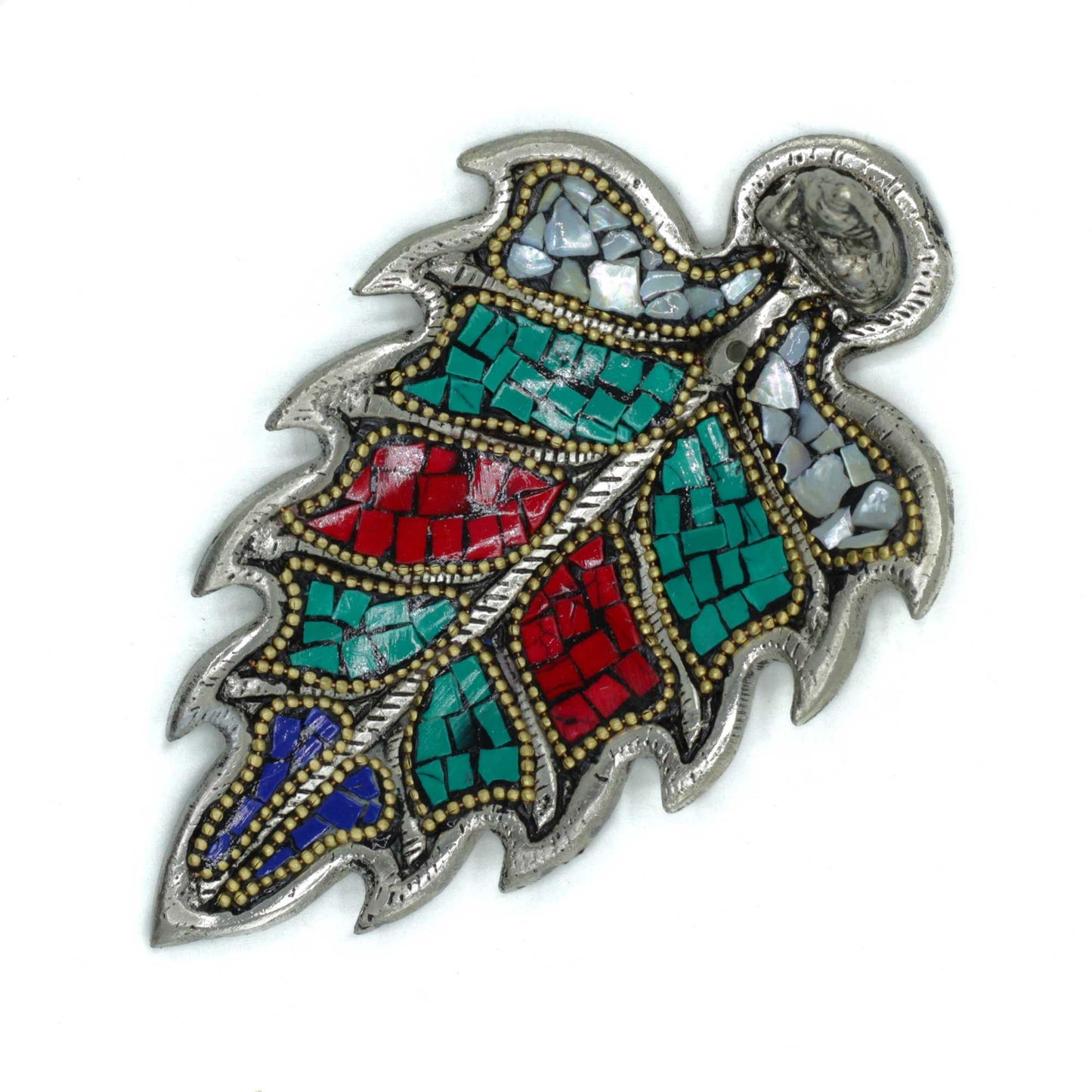 Handcrafted leaf-shaped ceramic incense holder featuring a serene Buddha figurine and colourful mosaic details.