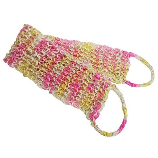 Colourful long springy back scrub with a textured surface and dual handles for easy reach and exfoliation.