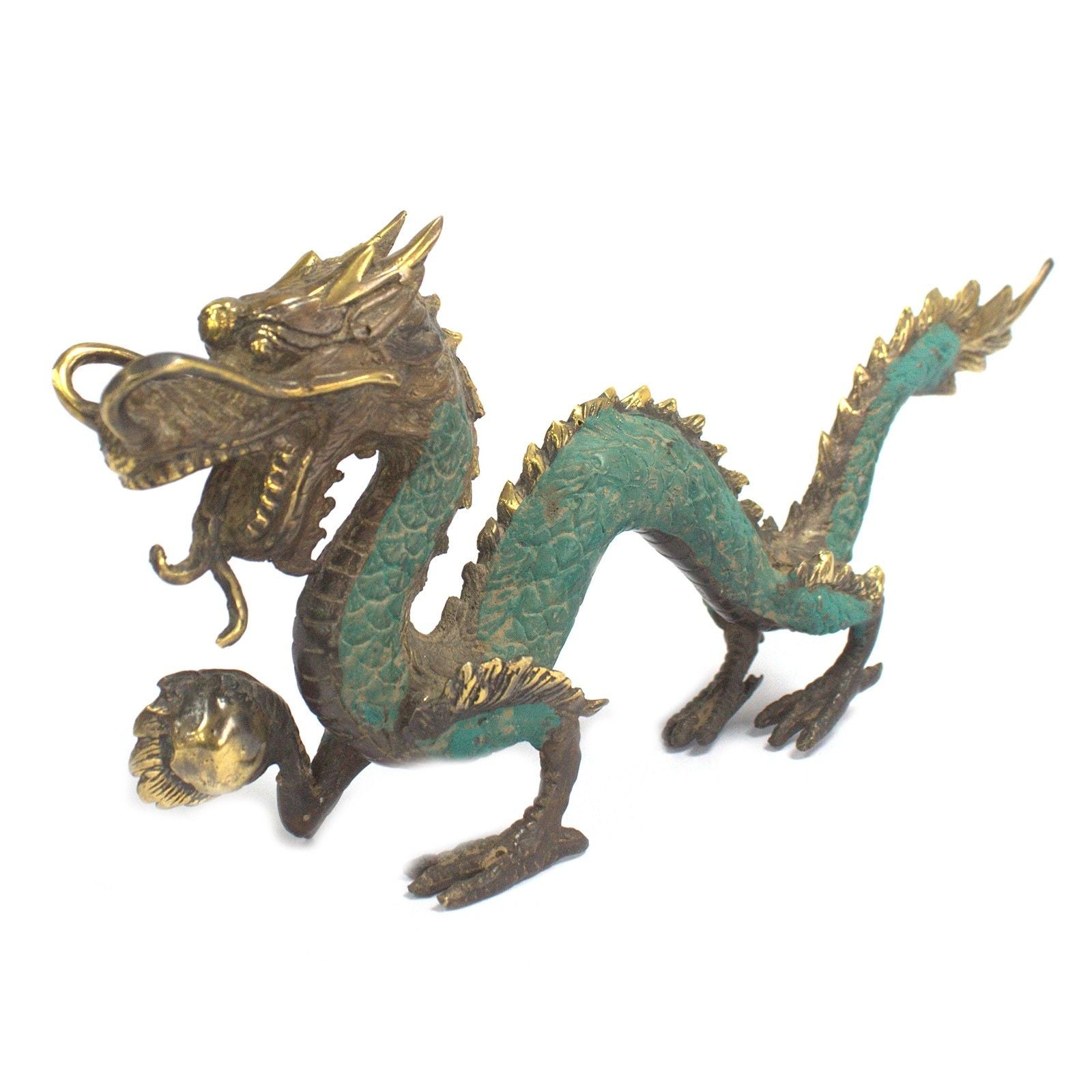 Intricate brass dragon ornament holding a pearl ball, standing on an ornate base with traditional Eastern design details.