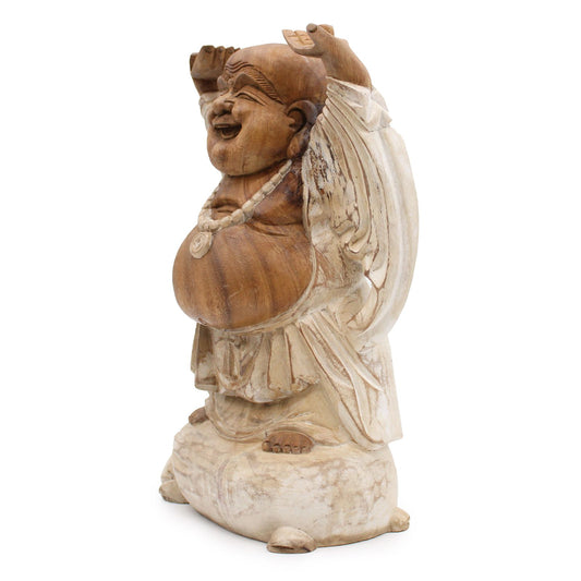 Hand-carved wooden Happy Buddha statue with hands raised in a whitewash finish, standing 40cm tall.