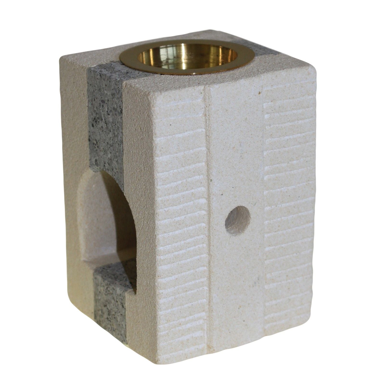 Hand-carved square natural sandstone oil burner with a minimalist architectural design and central tea light opening.