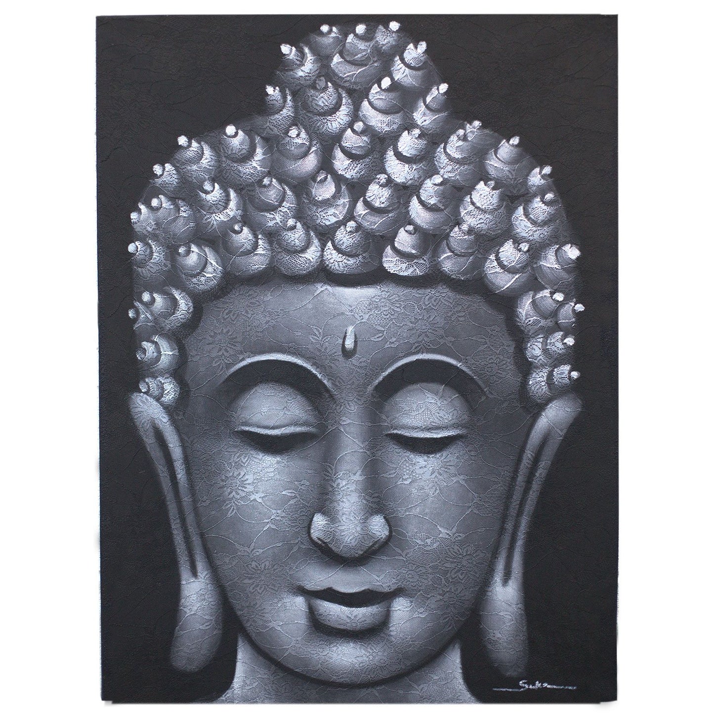 Hand-painted Buddha artwork on canvas with intricate grey brocade patterns and a natural wooden frame.