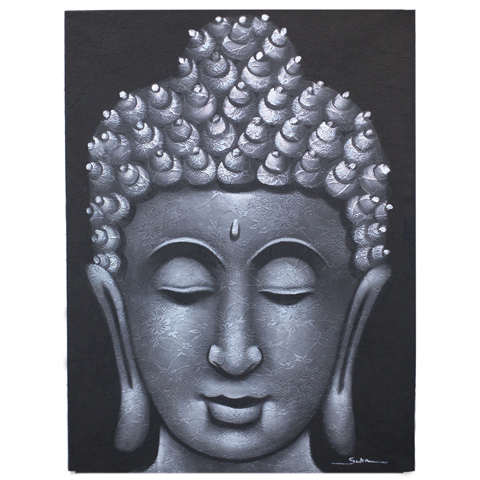 Hand-painted Buddha artwork on canvas with intricate grey brocade patterns and a natural wooden frame.