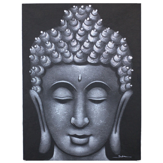 Hand-painted Buddha artwork on canvas with intricate grey brocade patterns and a natural wooden frame.