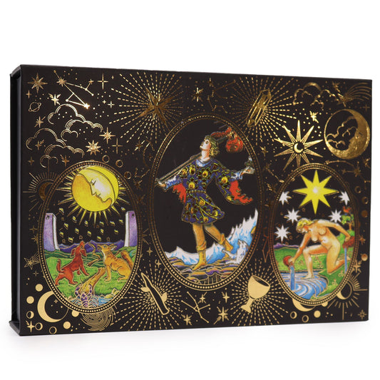 Luxurious gold foil tarot card deck with intricate mystical illustrations and elegant black and gold packaging.