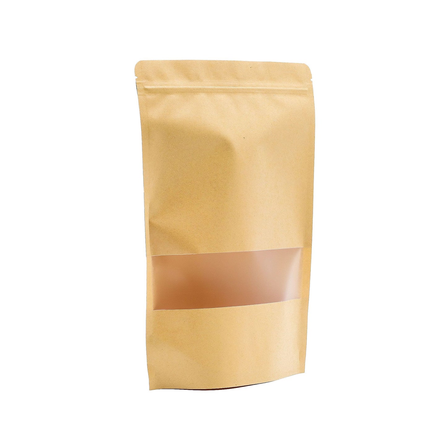Large brown kraft paper bag with a clear rectangular window showing the interior on a plain background.