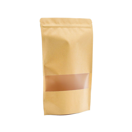 Large brown kraft paper bag with a clear rectangular window showing the interior on a plain background.