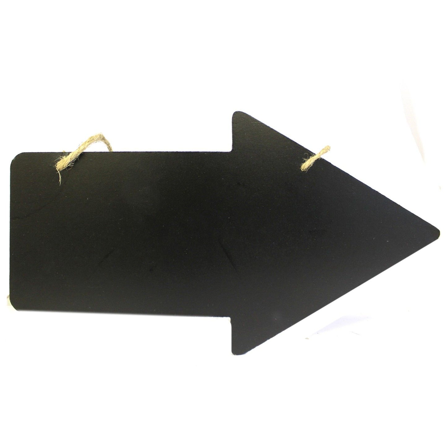 A black chalkboard sign shaped like an arrow with a wooden border, suitable for writing messages or prices.