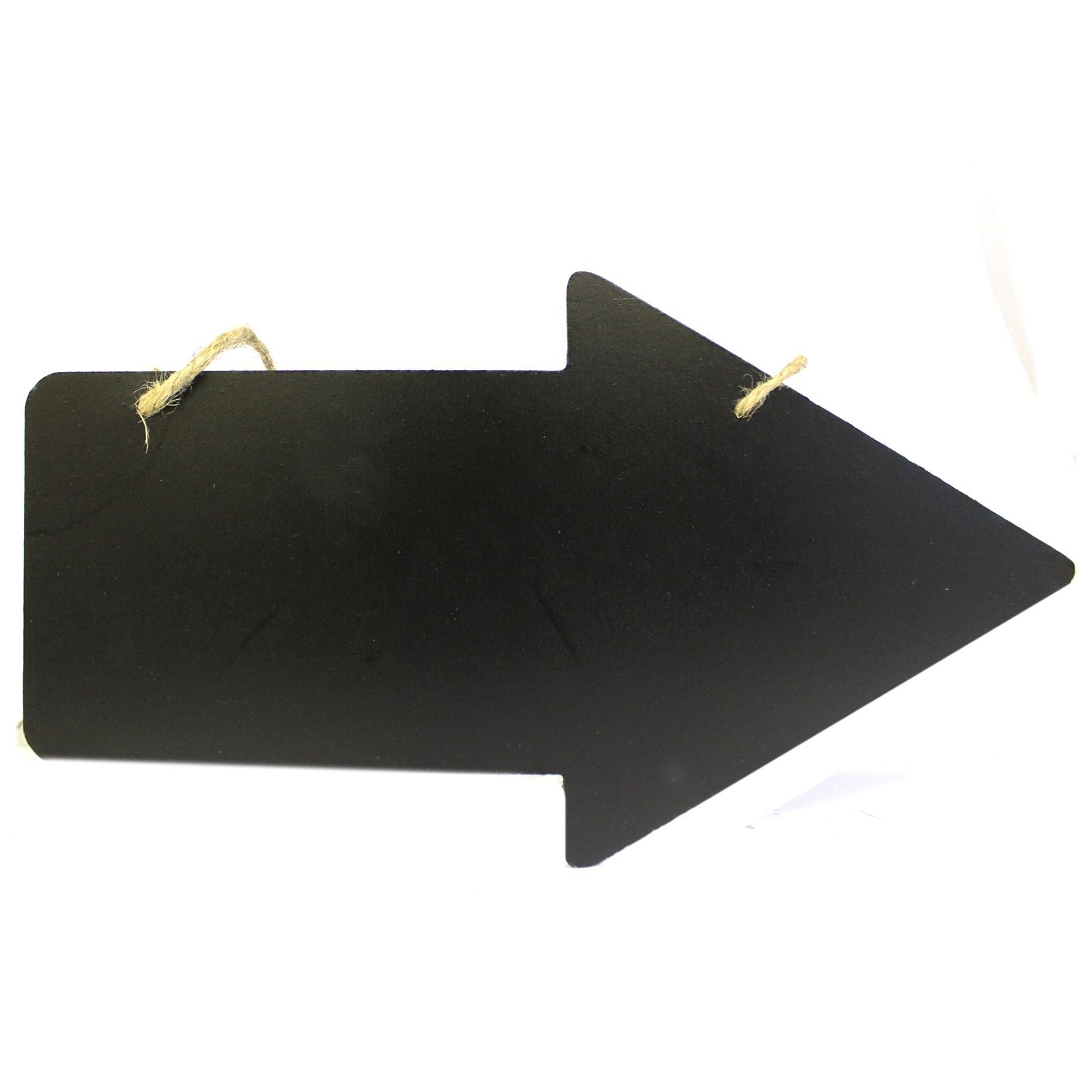A black chalkboard sign shaped like an arrow with a wooden border, suitable for writing messages or prices.