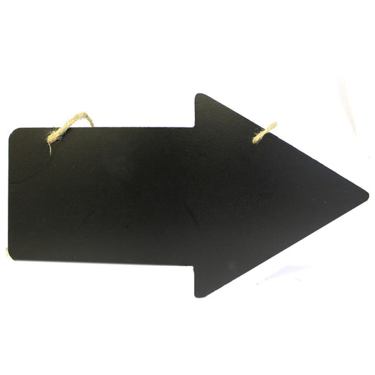 A black chalkboard sign shaped like an arrow with a wooden border, suitable for writing messages or prices.