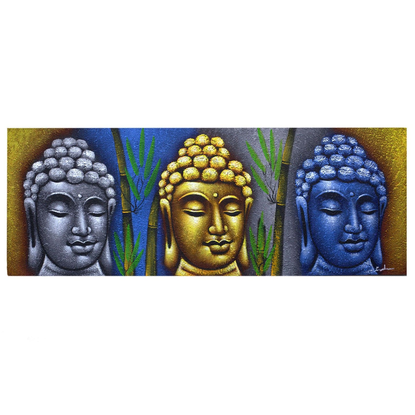 Handmade Buddha canvas painting featuring three heads and bamboo elements in a natural wooden frame.