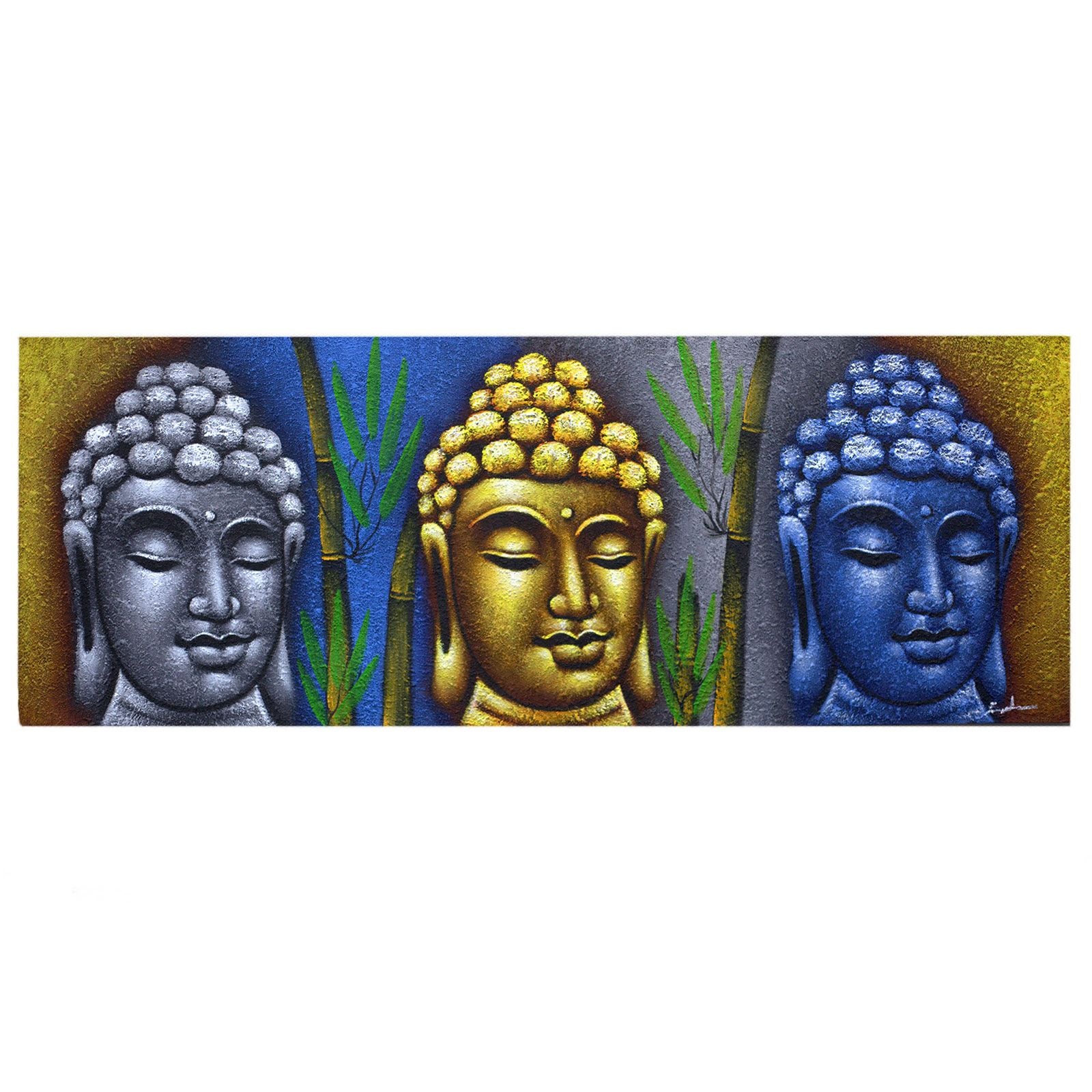 Handmade Buddha canvas painting featuring three heads and bamboo elements in a natural wooden frame.