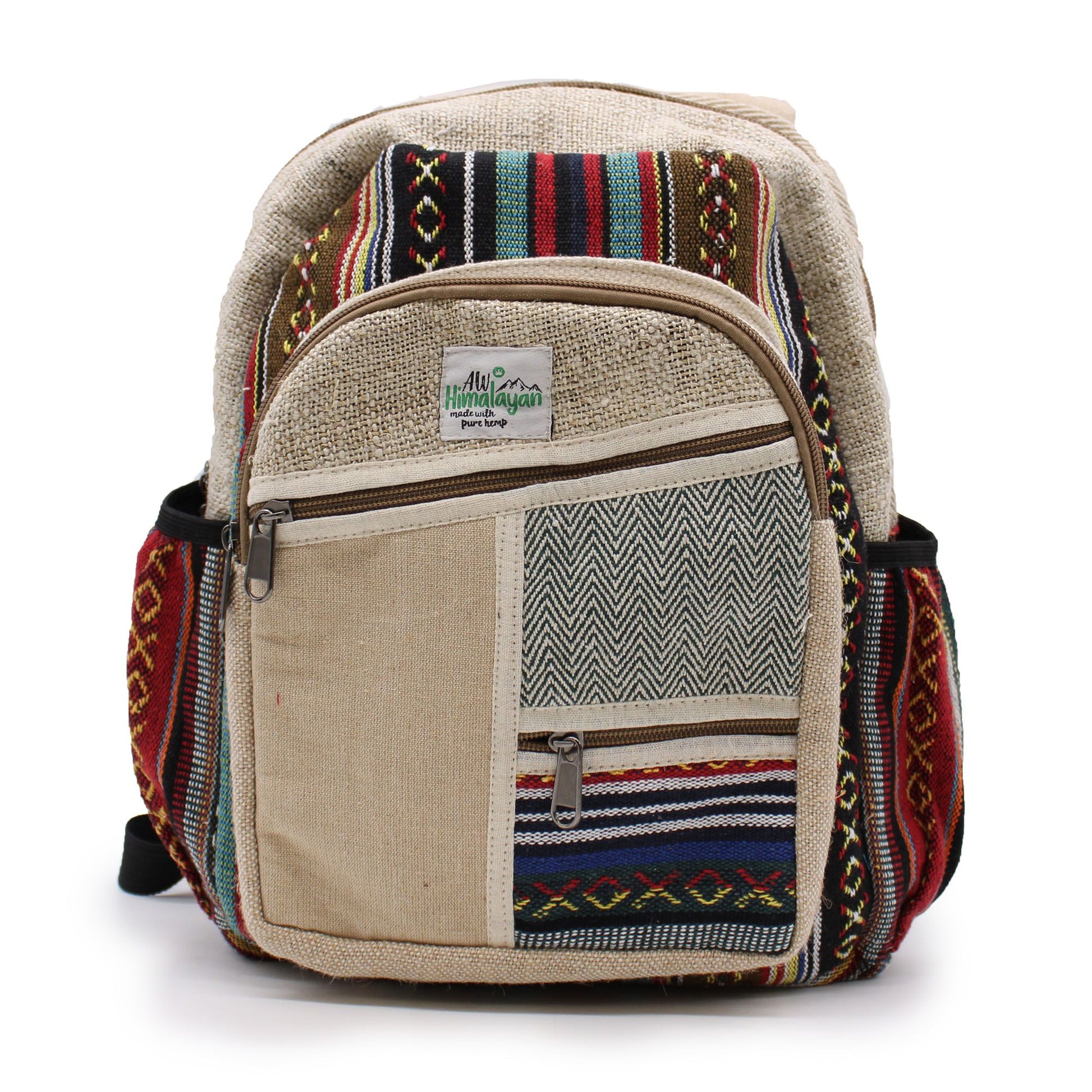 Sustainable small hemp backpack featuring a unique zig zag zip design in a natural woven texture.