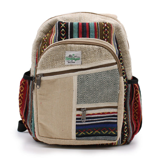 Sustainable small hemp backpack featuring a unique zig zag zip design in a natural woven texture.