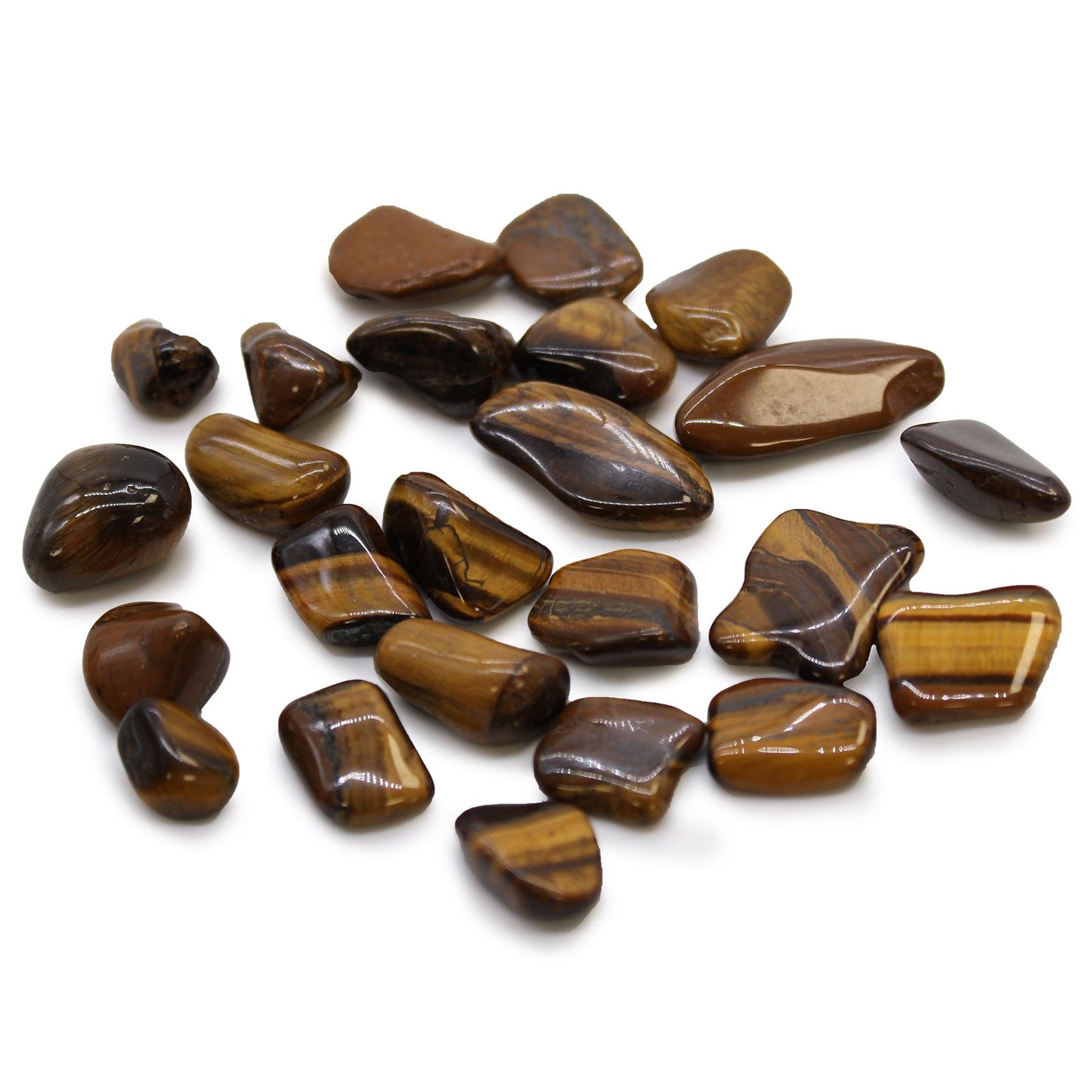 Smooth, polished golden and brown Tiger's Eye tumble stones with characteristic silky lustre and banded patterns.