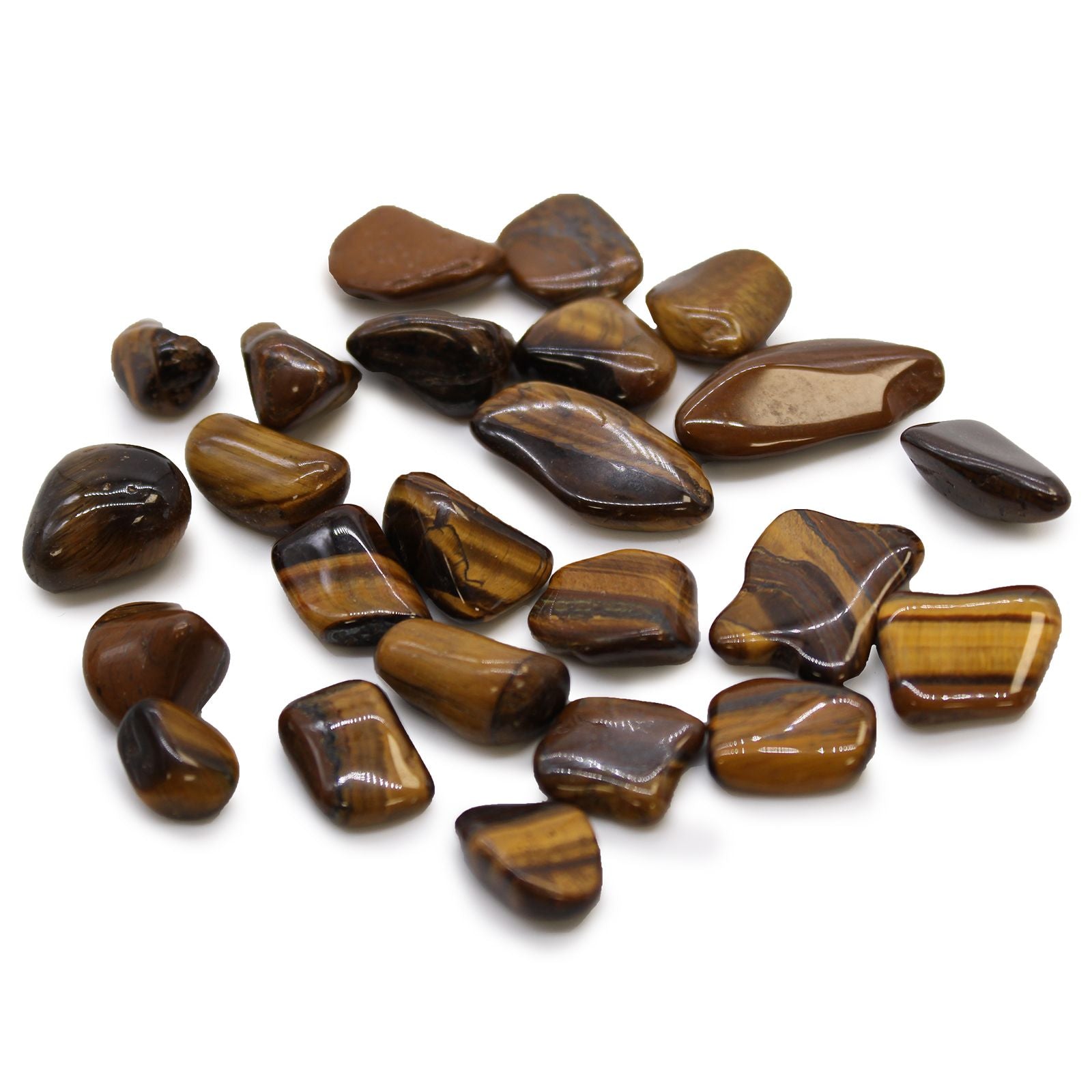 Smooth, polished golden and brown Tiger's Eye tumble stones with characteristic silky lustre and banded patterns.