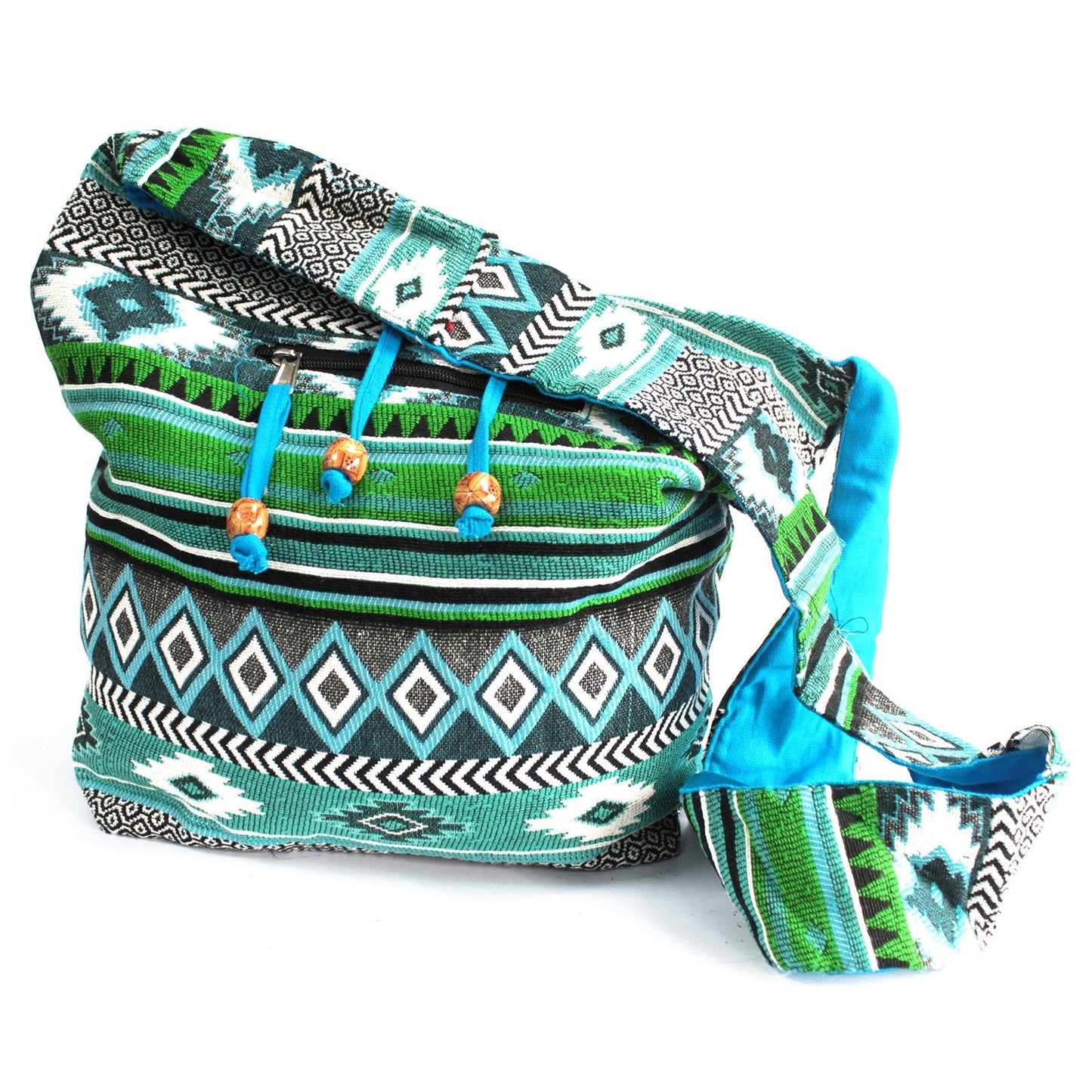 Bohemian style teal jacquard fabric backpack with ethnic patterns and adjustable straps.