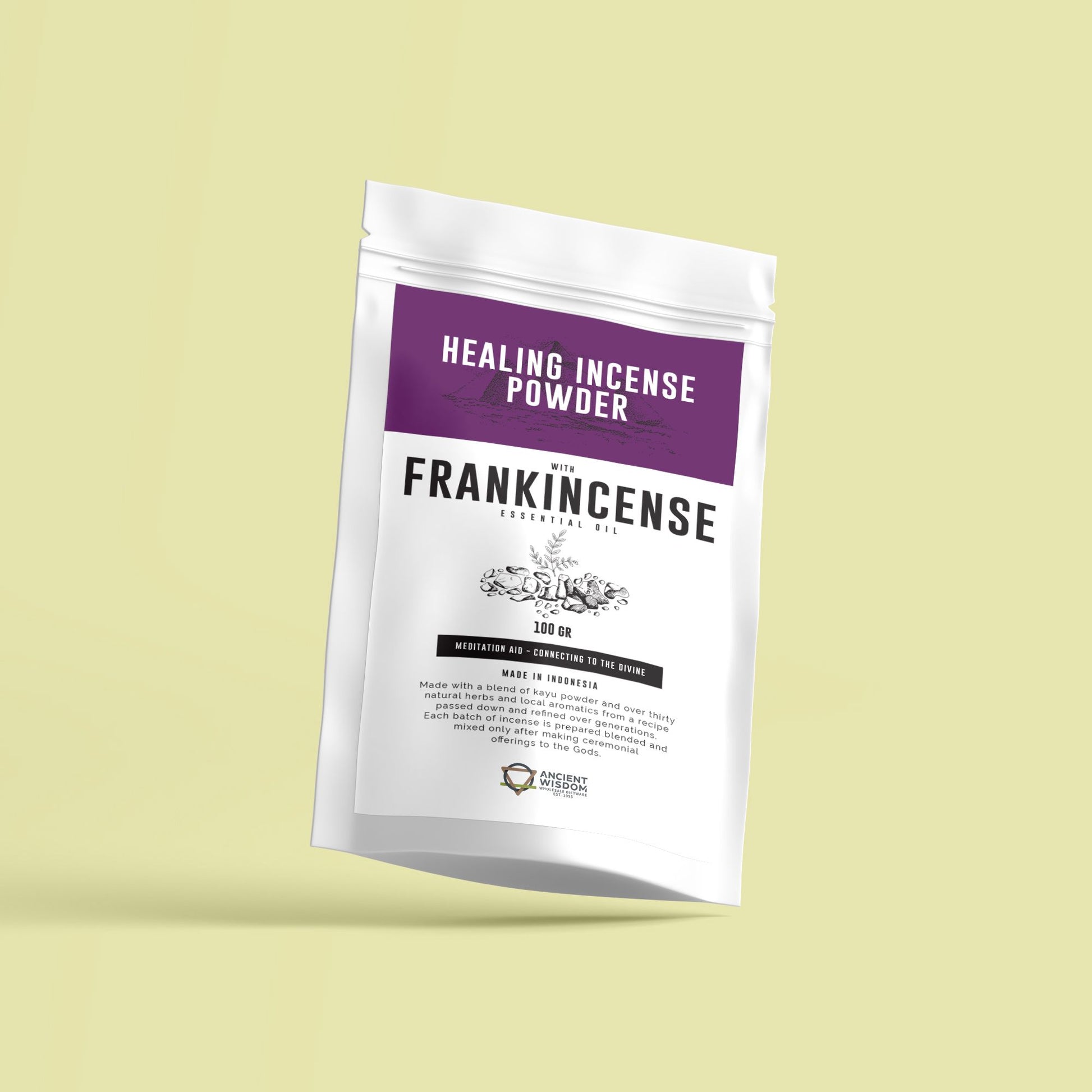 Fine textured aromatic frankincense incense powder in a 100g portion for spiritual rituals.