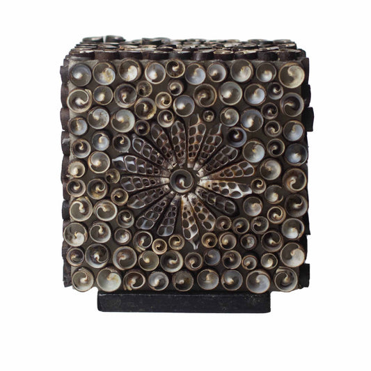 Handcrafted square table lamp decorated with real seashells in a rich chocolate brown spiral twist design.