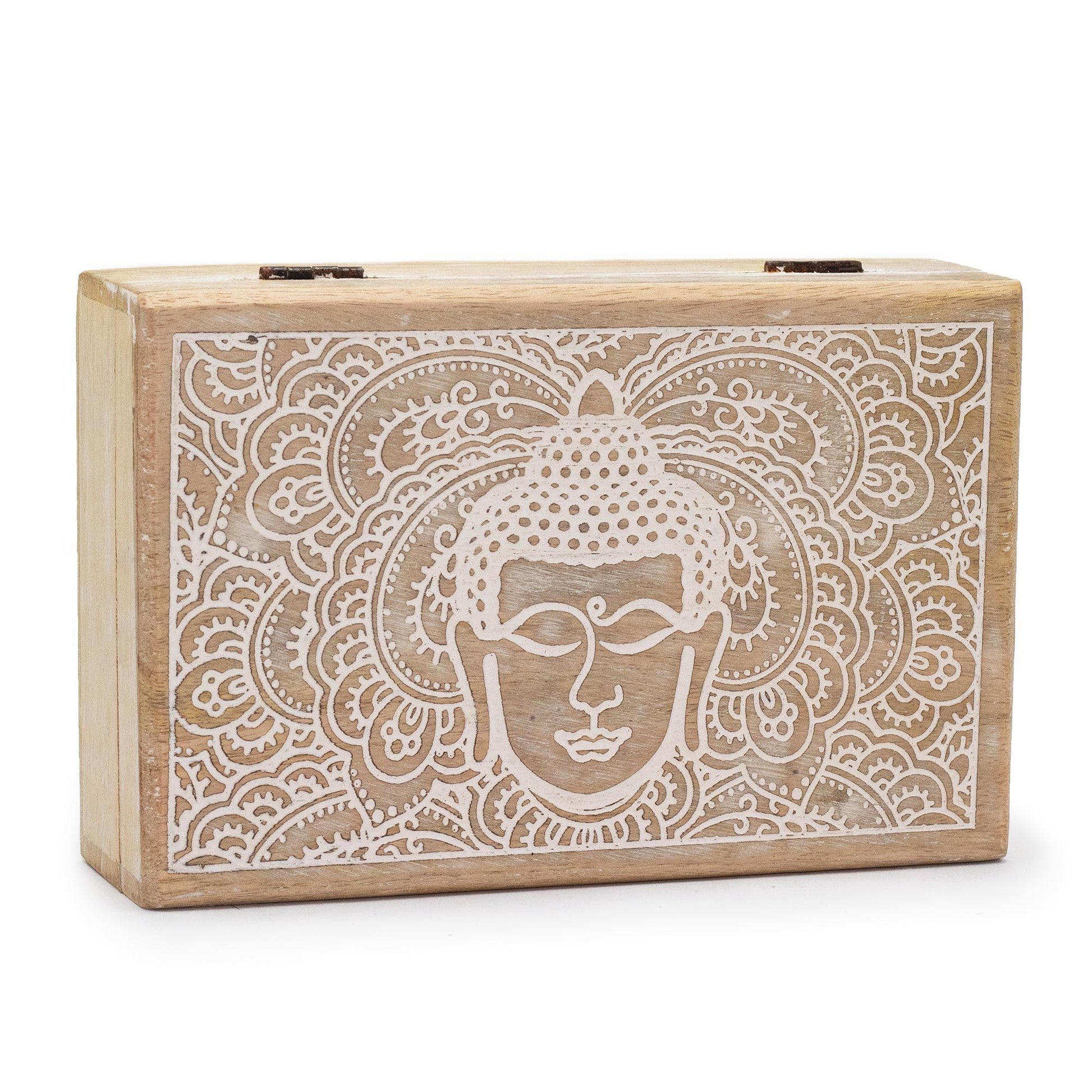 Large rectangular whitewashed wooden box with a central hand-carved Buddha face design on the lid.