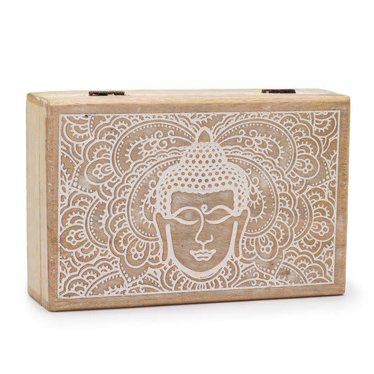 Large rectangular whitewashed wooden box with a central hand-carved Buddha face design on the lid.