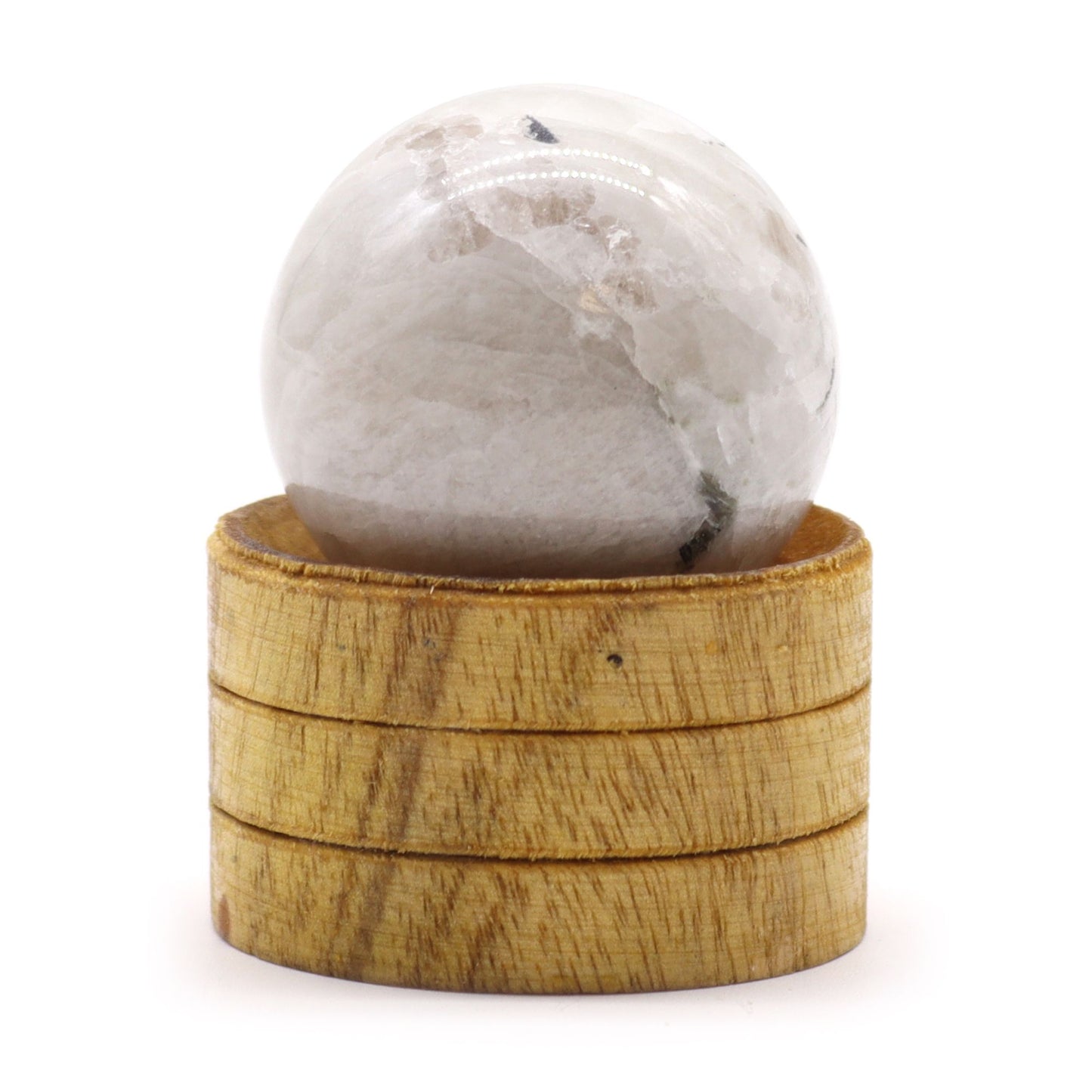 A smooth, polished 40mm Indian moonstone sphere with pearly white and grey tones resting on a small wooden stand.