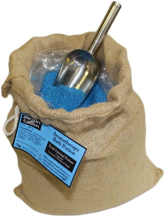 Large rustic hessian sack filled with aromatic aromatherapy bath salts and botanical infusions.