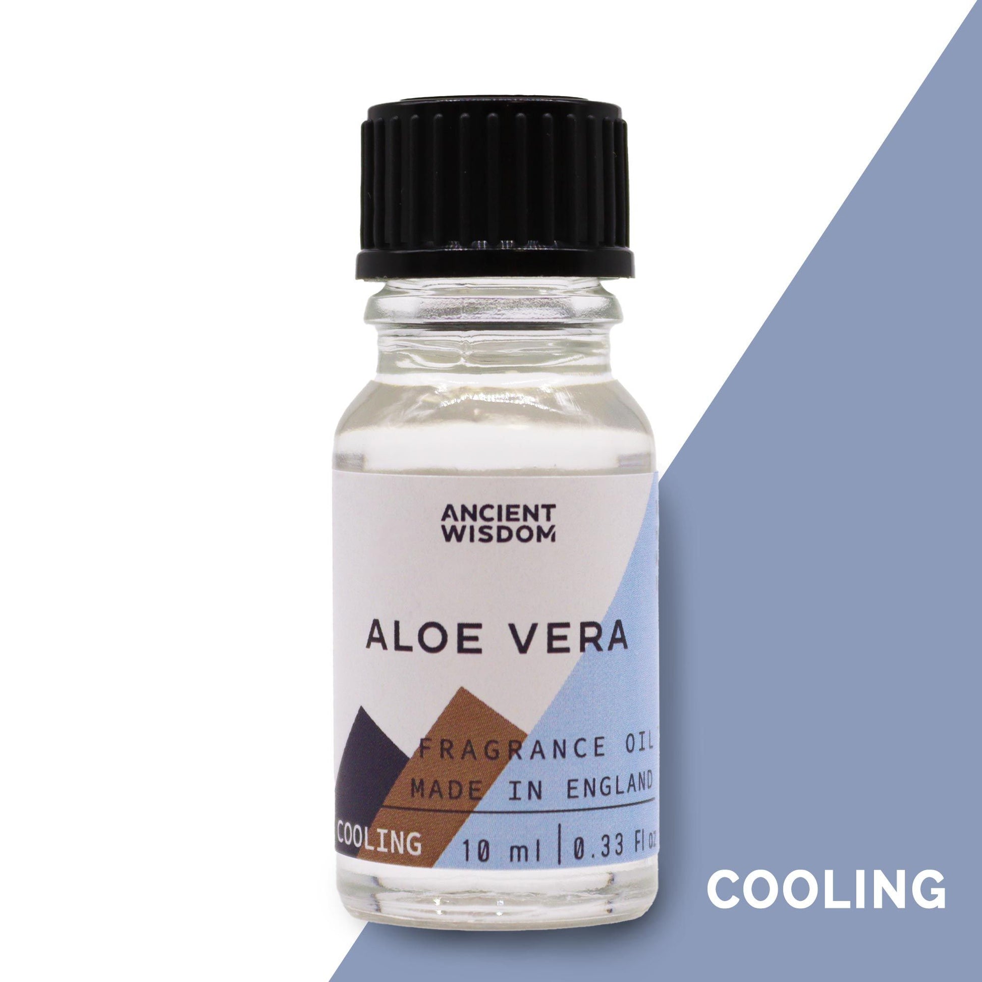 Small amber glass bottle of aloe vera fragrance oil with a black dropper cap on a neutral background.