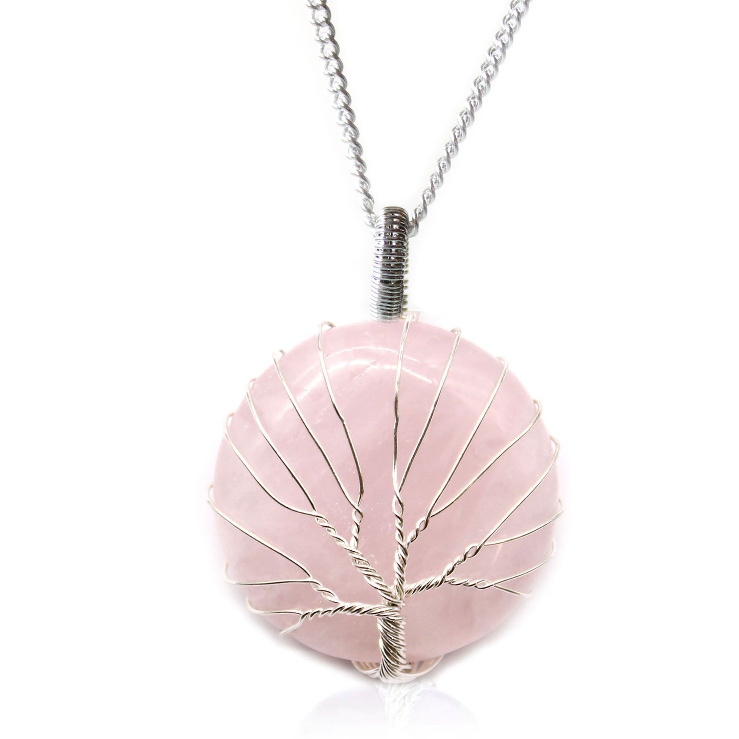 Delicate pink rose quartz gemstone encased in a silver-coloured tree of life wire cage pendant necklace.