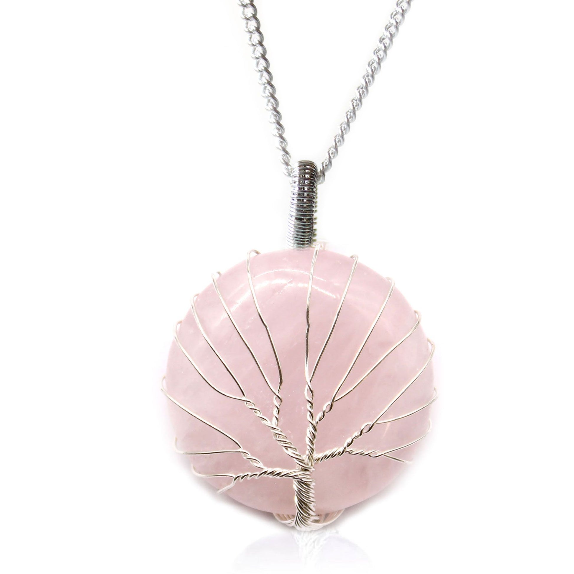 Delicate pink rose quartz gemstone encased in a silver-coloured tree of life wire cage pendant necklace.
