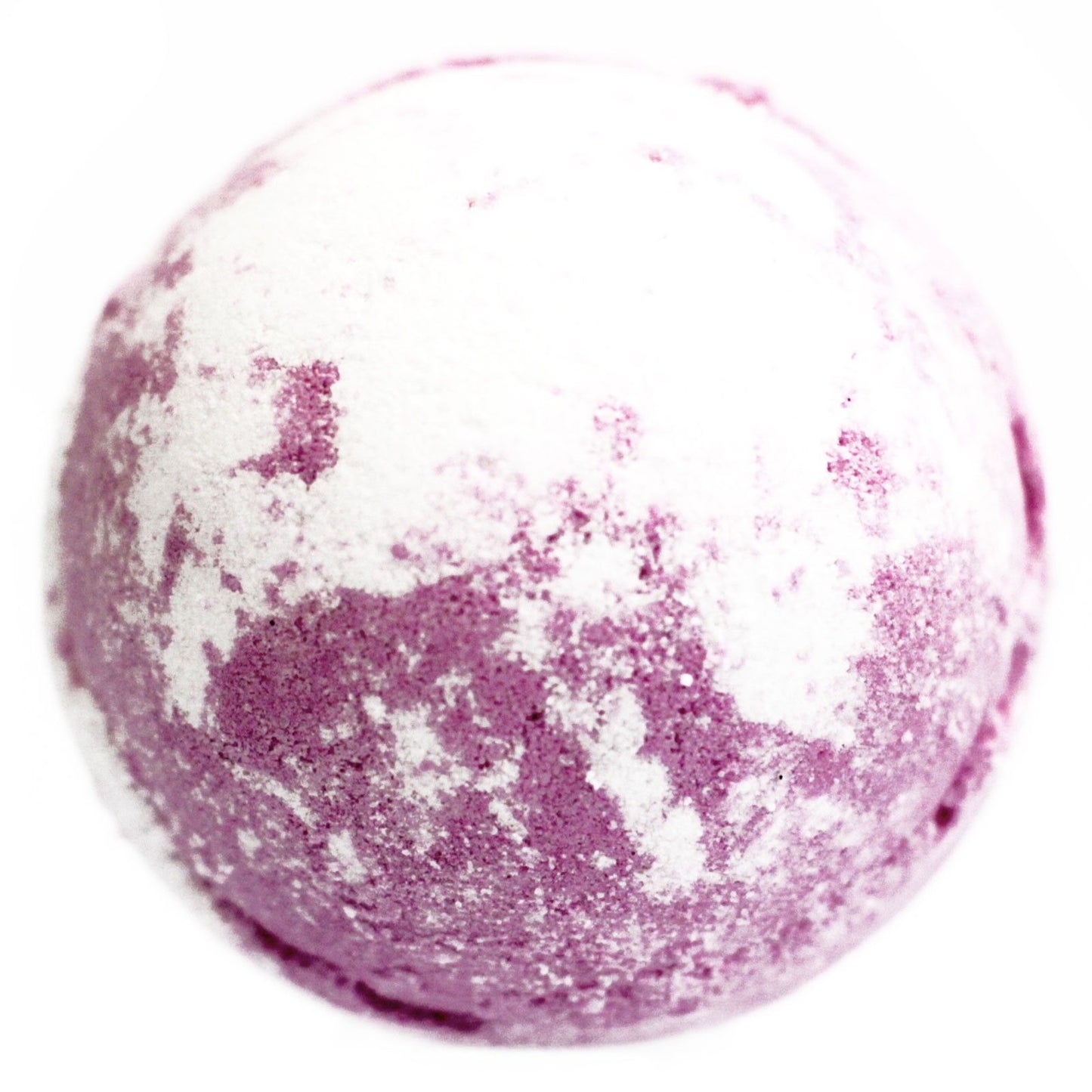 A large, textured bath bomb with vibrant pink and dark speckles, containing moisturizing shea butter.
